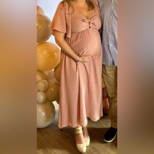 Pink Blush Mauve Front Tie Ruffle Sleeve Maternity Midi Dress